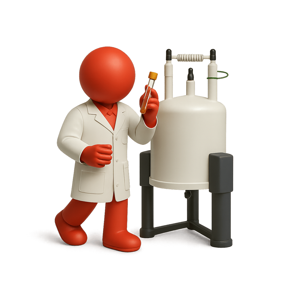 3D illustration of scientist holding test sample beside NMR machine.