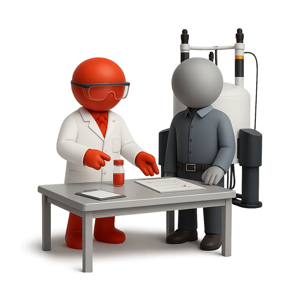 3D illustration of scientist explaining NMR test results to client at lab table.