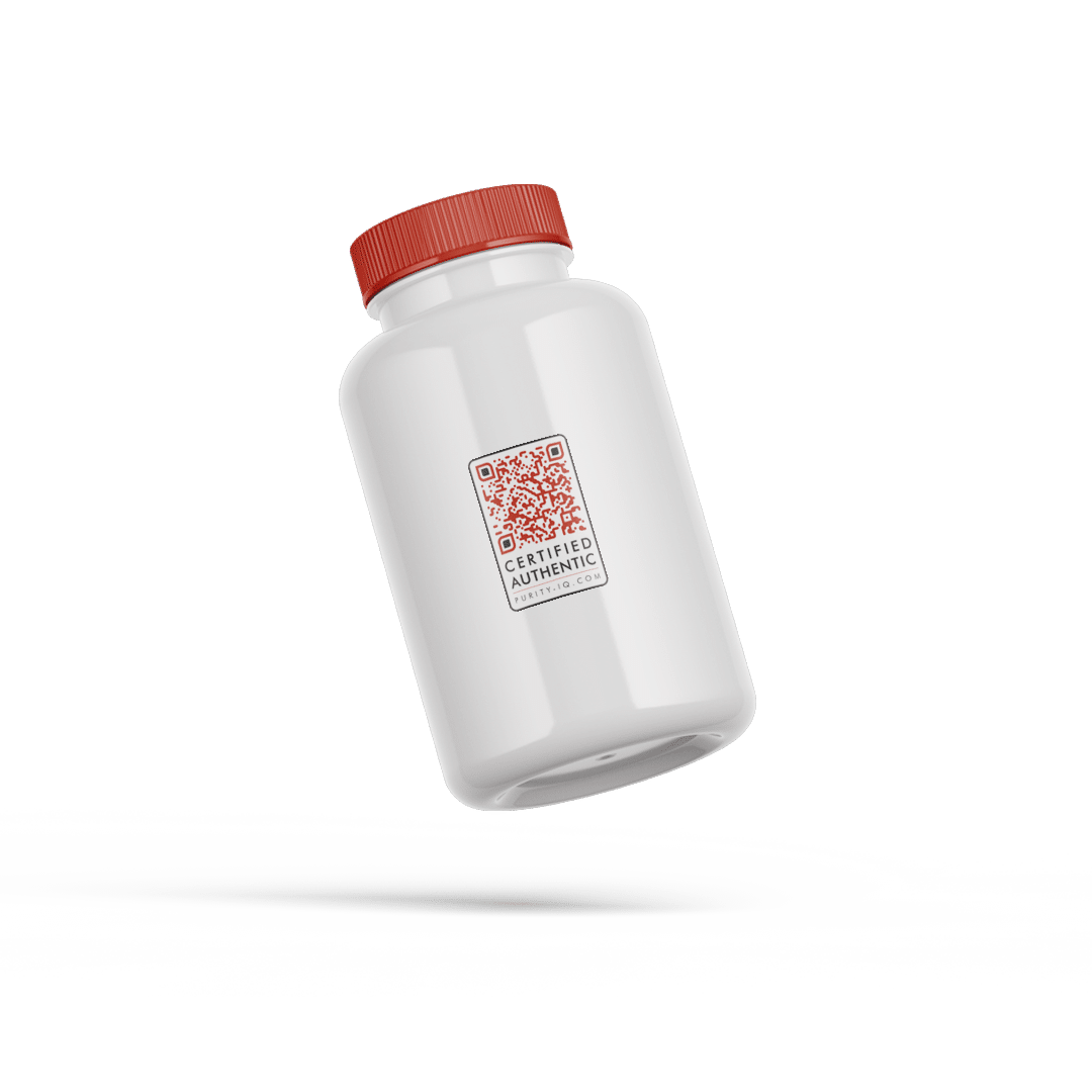 White supplement bottle with red cap and Certified Authentic QR code label by Purity-IQ.