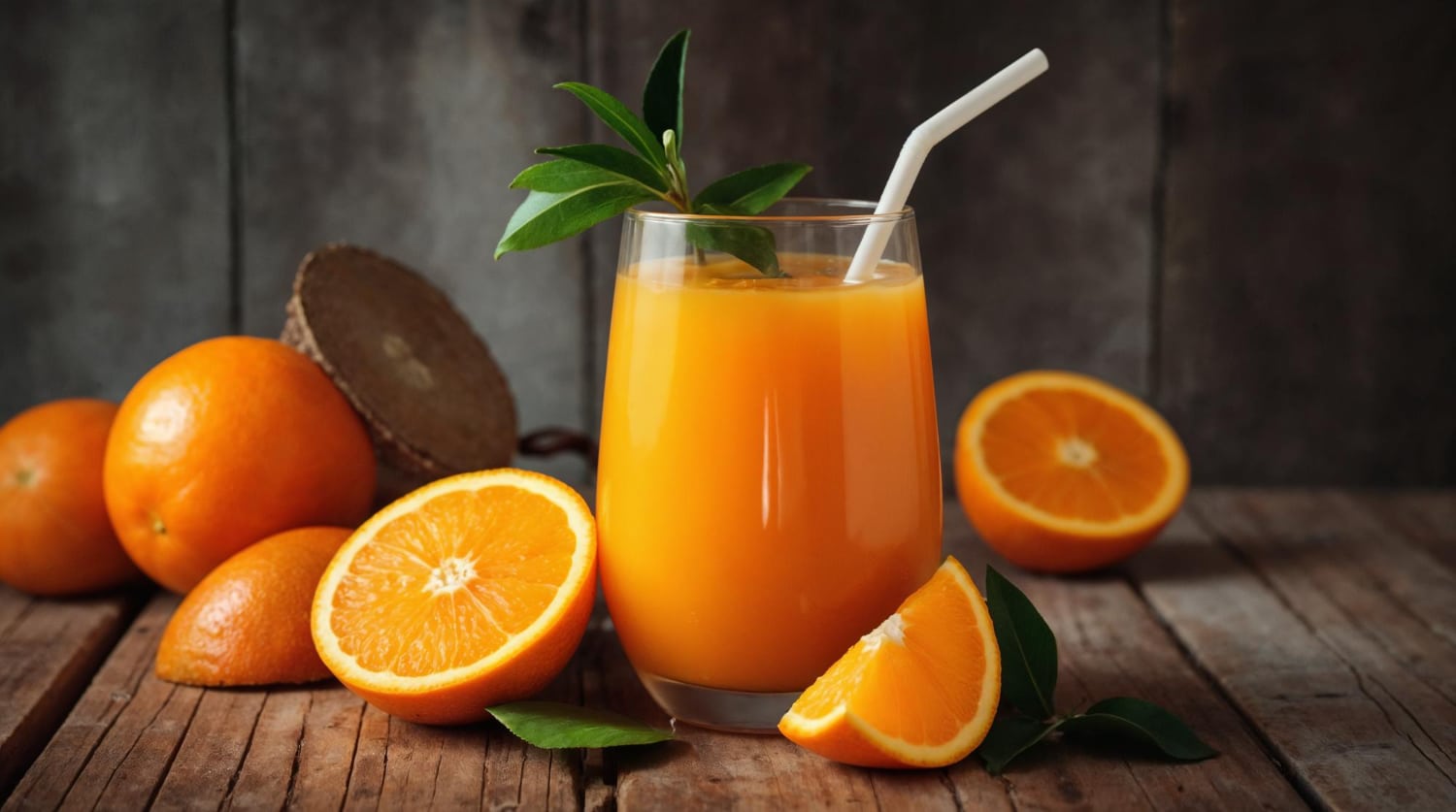 Glass of fresh orange juice with whole oranges for fruit origin verification.