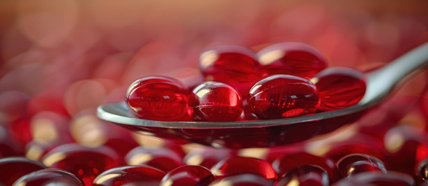 Closeup of red krill oil softgel capsules for phospholipid content testing.