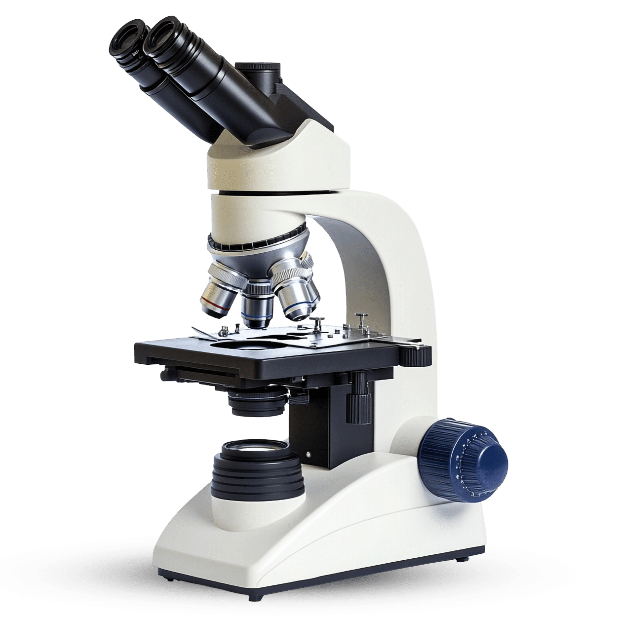Modern laboratory microscope with dual eyepieces and multiple objective lenses on a black stage.