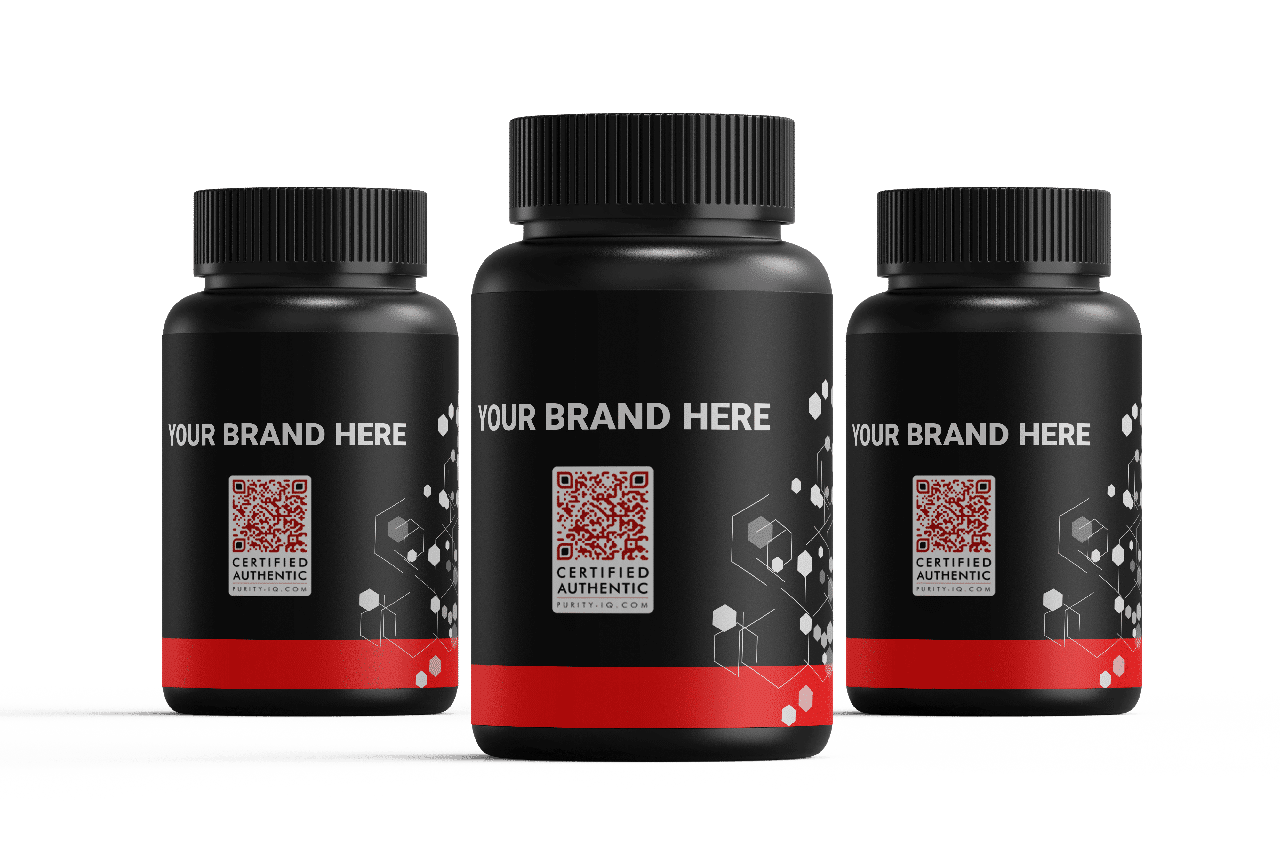 Three black supplement bottles with black caps labeled 'YOUR BRAND HERE' featuring a red and white certified authentic QR code and a red stripe at the bottom.