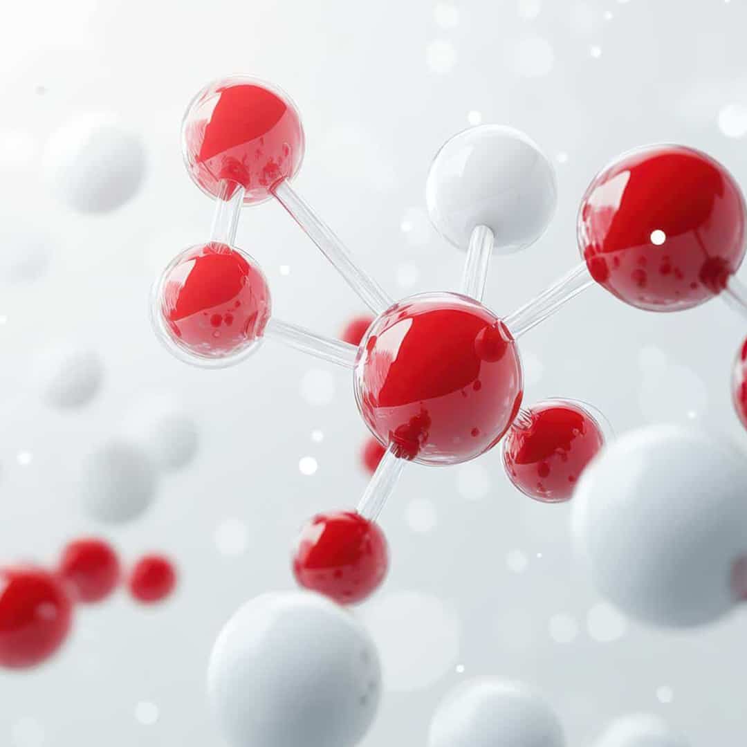 3D molecular structure with connected red and white spheres representing atoms.