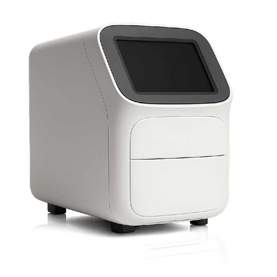 Compact white laboratory machine with black touchscreen display on the front.