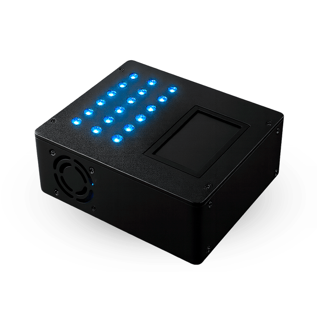 Black rectangular electronic device with a touchscreen and a 4x6 grid of blue LED lights on top.