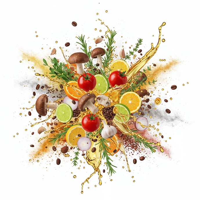 Splash of various fresh ingredients including tomatoes, mushrooms, lime, orange slices, garlic, onion, herbs, coffee beans, and spices on a white background.