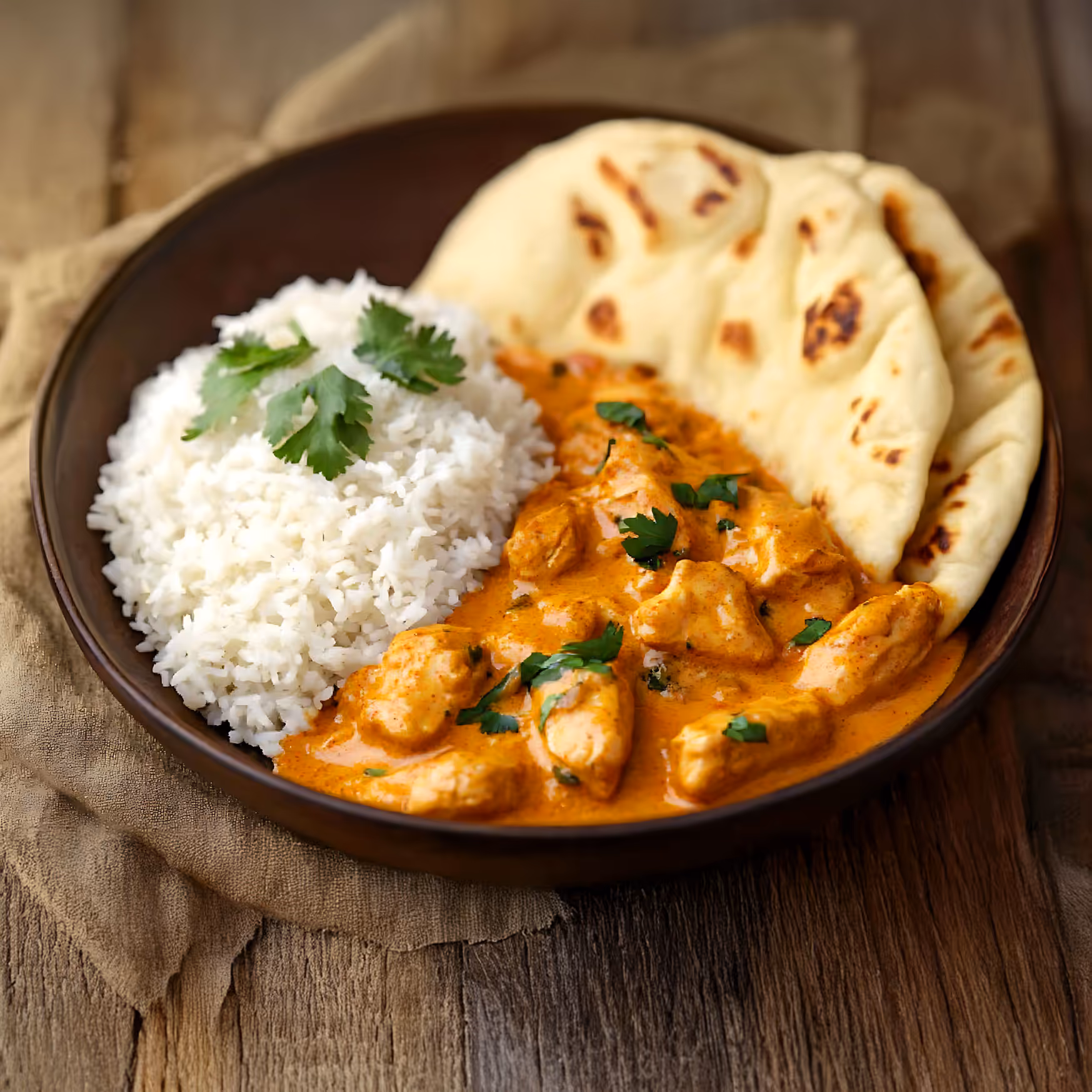 Indian butter chicken served with naan bread and basmati rice