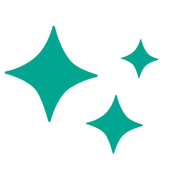 Three teal sparkle or star shapes of varying sizes on a white background.