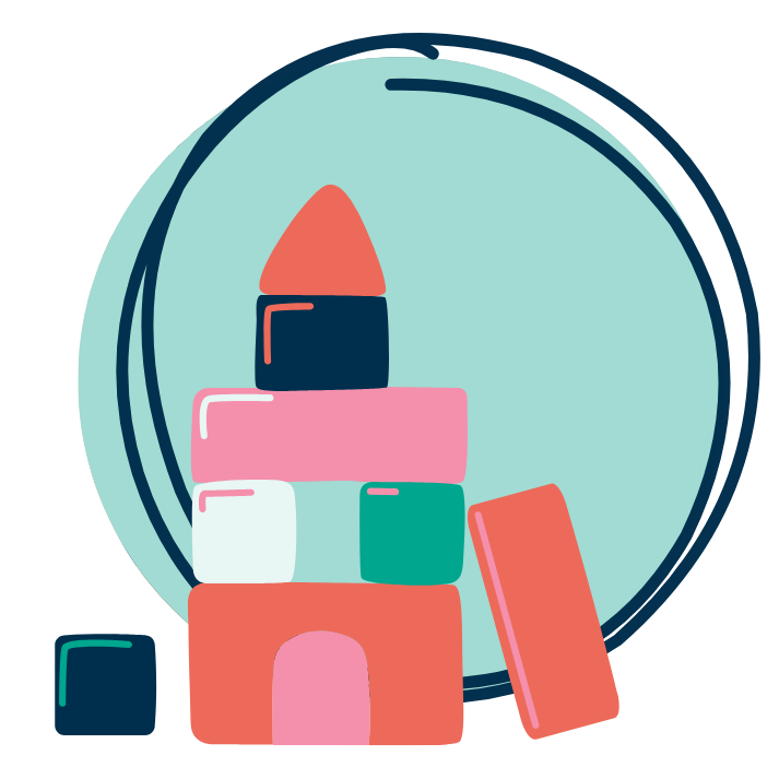Colorful stacked children's building blocks in various shapes and colors against a circular teal background.