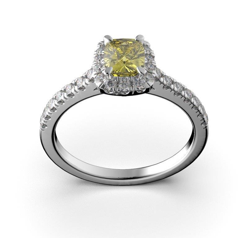Silver ring with a cushion-cut yellow diamond center stone surrounded by small white diamonds on the band.