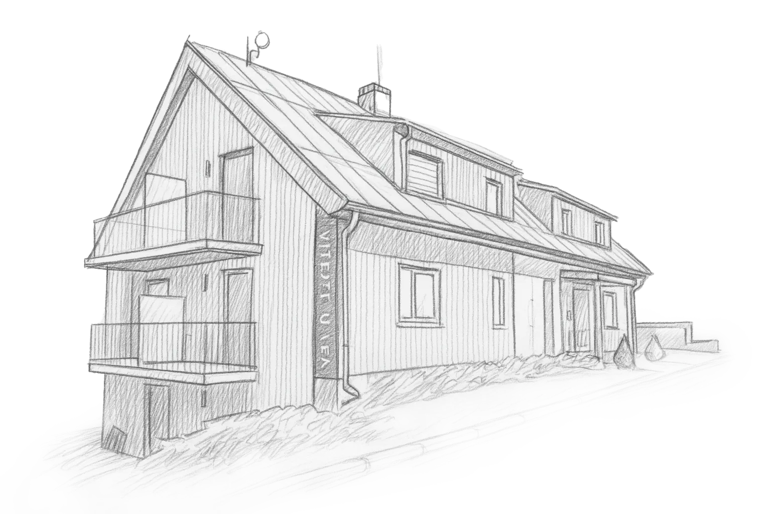 Pencil sketch of a two-story house with balconies and a sloped roof.