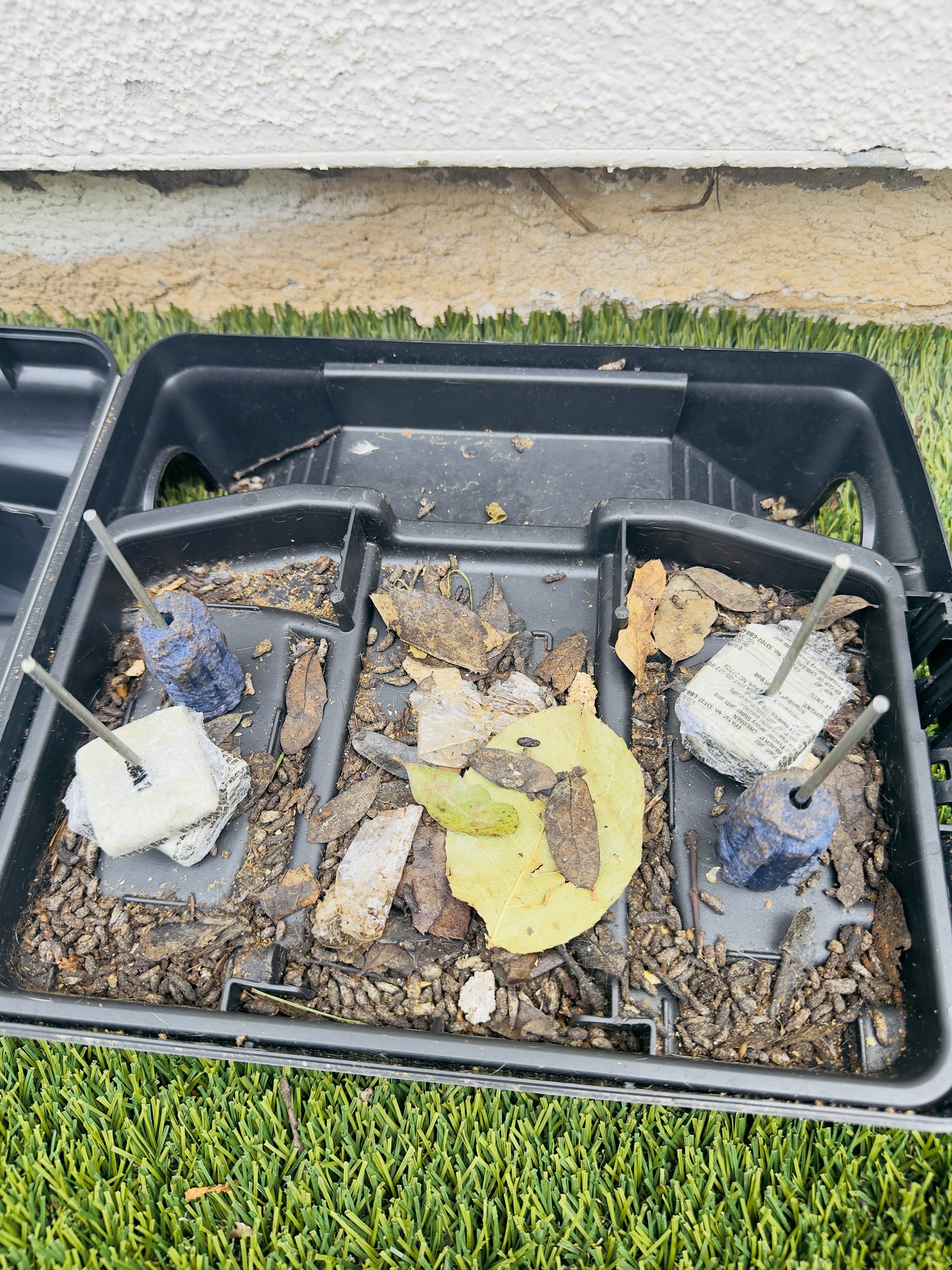 Open exterior rodent bait station with secured bait blocks