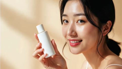 Smiling woman with glass skin holding a bottle of Haruharu Wonder toner.