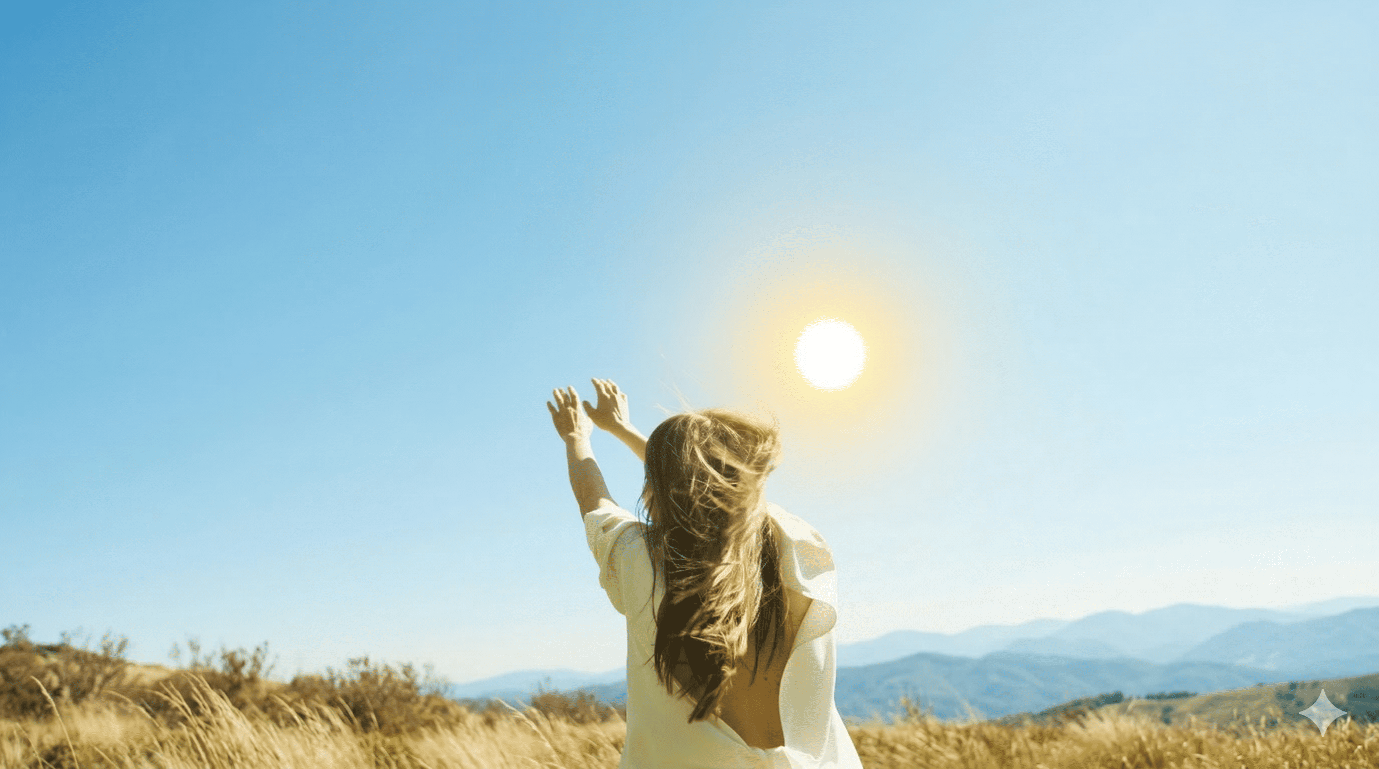 Woman standing in a sunny field with arms raised toward the sky, evoking freshness, freedom, and natural well-being