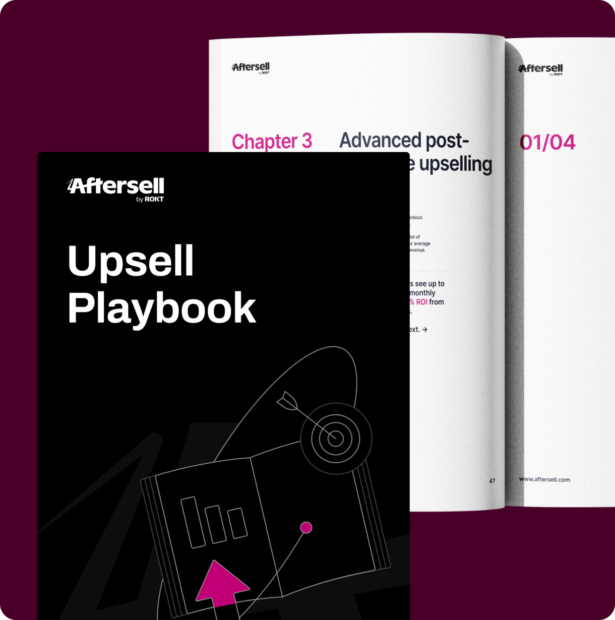 Cover of AfterSell Upsell Playbook in black with white and magenta text, behind it an open book showing Chapter 3 on advanced post-purchase upselling.