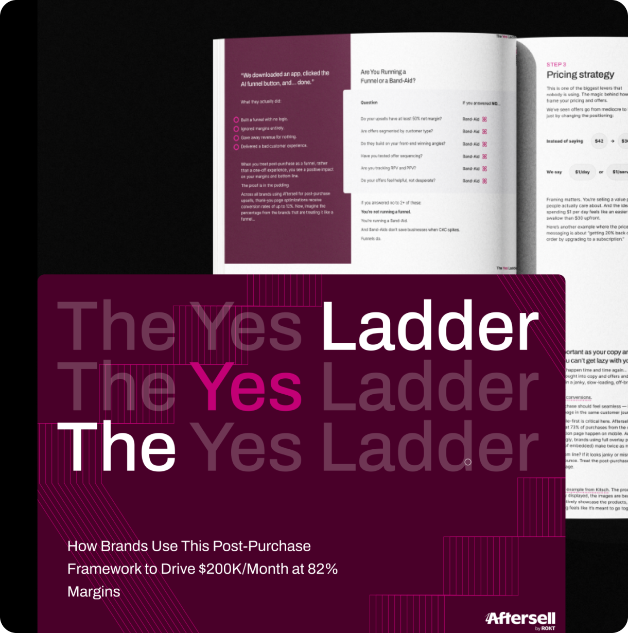The Yes Ladder post-purchase framework description with text on driving $200K/month at 82% margins and an open book showing funnel optimization and pricing strategy steps.