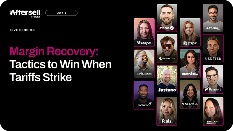Aftersell live session Day 1 titled 'Margin Recovery: Tactics to Win When Tariffs Strike' with photos of 14 speakers alongside their company logos.