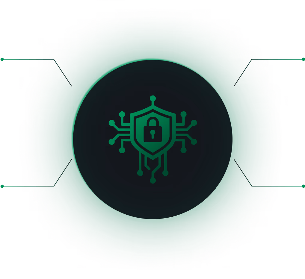 A green shield with a padlock, surrounded by circuit patterns on a dark background.