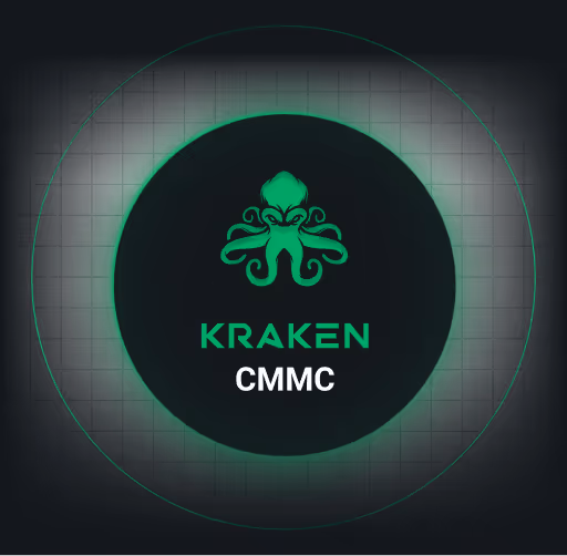 A green kraken logo with the text 'KRAKEN CMMC' below it on a dark background. 