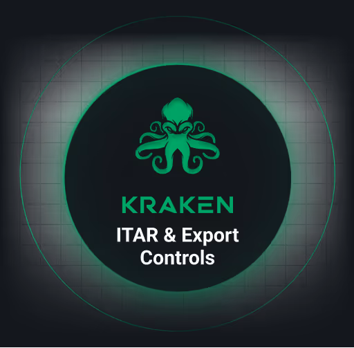 A green kraken logo in a circular design with 'KRAKEN ITAR & Export Controls' text. 