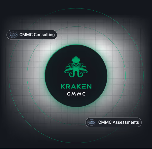 A green circular logo with an kraken, labeled "KRAKEN CMMC," surrounded by "CMMC Consulting" and "CMMC Assessments."