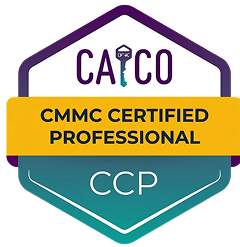 CMMC Certified Professional (CCP) badge with key icon, CAICO logo, and CCP abbreviation.