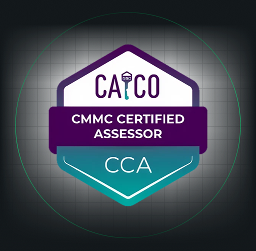 CMMC Certified Assessor (CCA) badge with CAICO logo.