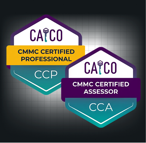 Two badges for CMMC certifications with the CAICO Logo: CMMC Certified Professional (CCP) and CMMC Certified Assessor (CCA).