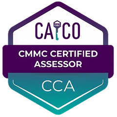 CMMC Certified Assessor (CCA) badge with key icon, CAICO logo, and CCA abbreviation. 