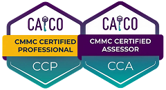 Two CMMC Certification badges with the CAICO Logo: one for CMMC Certified Professional (CCP) and one for CMMC Certified Assessor (CCA). 