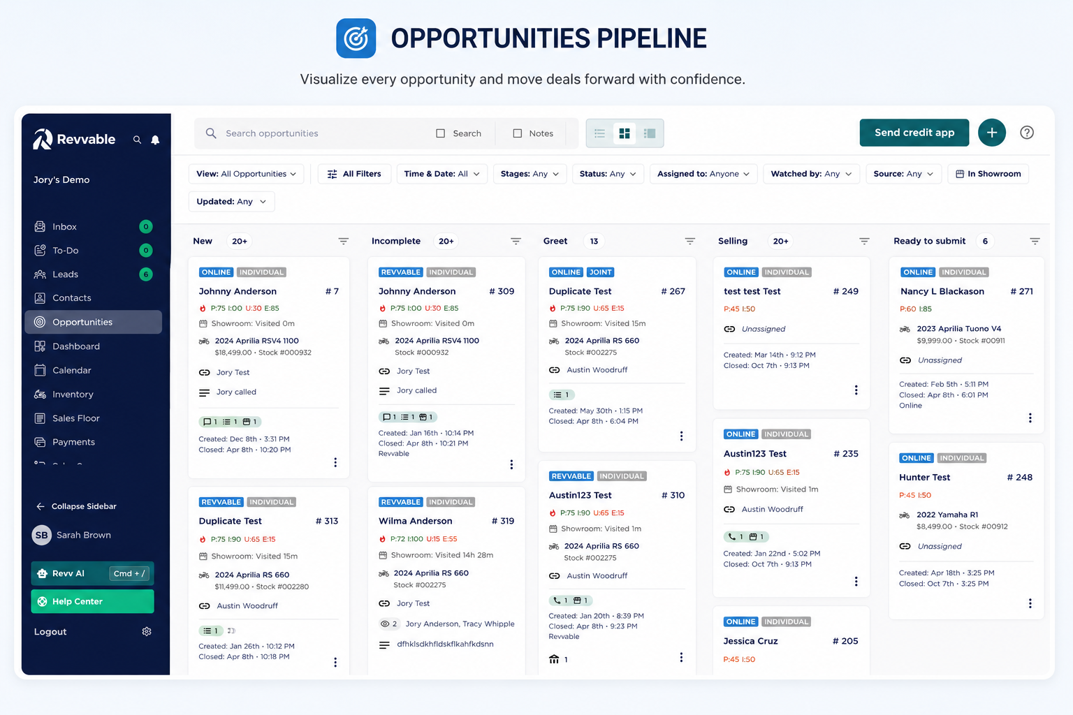 Revvable CRM opportunities board