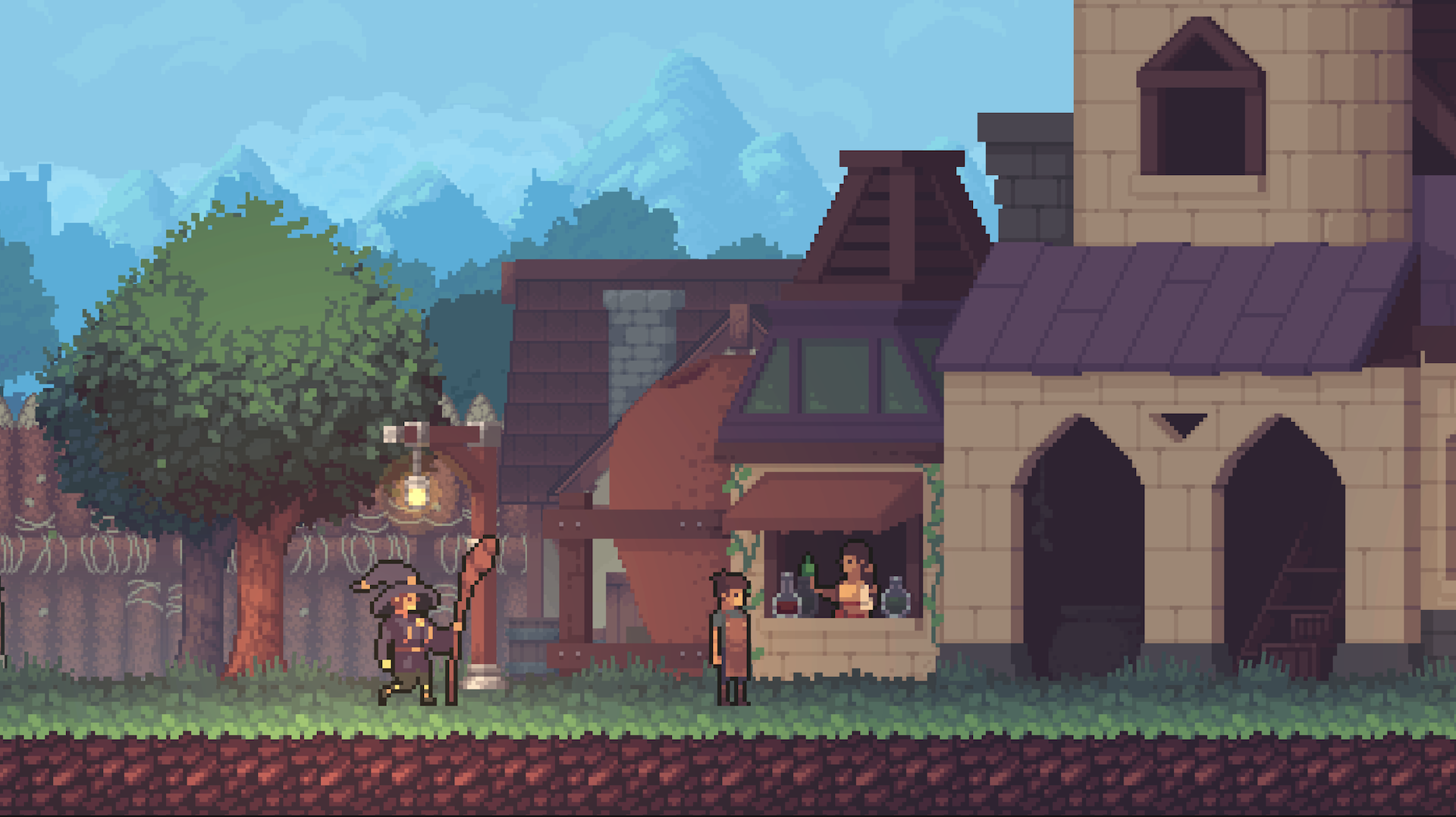Screenshot from While the Iron's Hot showing the player talking to a potion merchant's at their home village