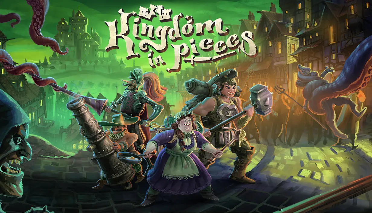 4 quirky heroes from Kingdom in Pieces fighting a horde of monsters in a city with a green sky