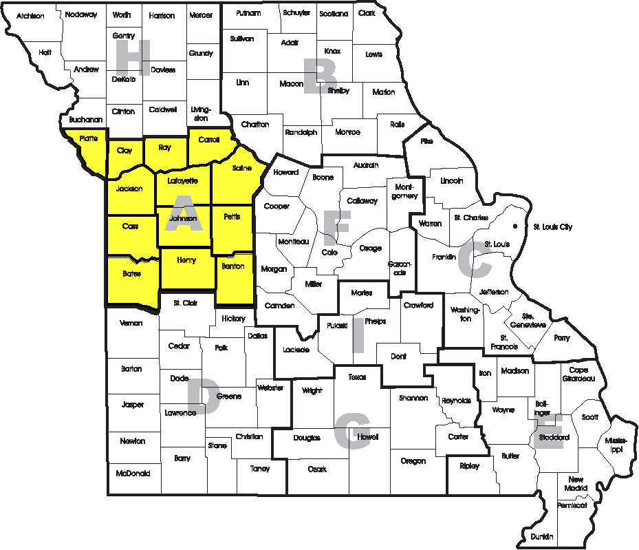 Map of Missouri highlighting the 13 counties served by Troop A in the western part of the state, around the Kansas City area