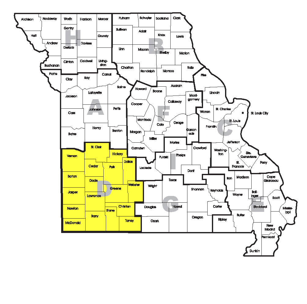 Map of Missouri highlighting the 18 counties served by Troop D in the southwestern part of the state