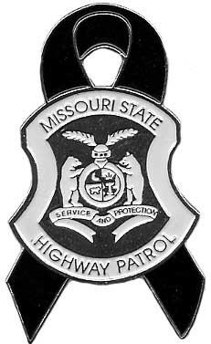 Black ribbon with Missouri State Highway Patrol badge featuring two bears and the Service and Protection motto.