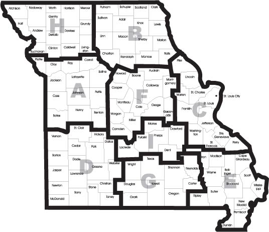 The state of Missouri displaying each county with county name and showing the nine Troop regions of the Highway Patrol.