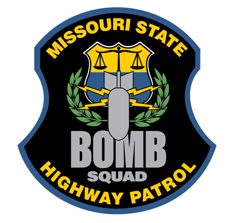 Missouri State Highway Patrol Bomb Squad emblem with scales of justice, olive branches, and bomb icon.