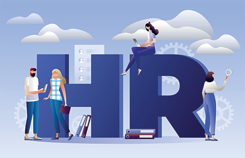 Illustration of four people interacting around large letters 'HR' symbolizing human resources, with clouds and gears in the background.