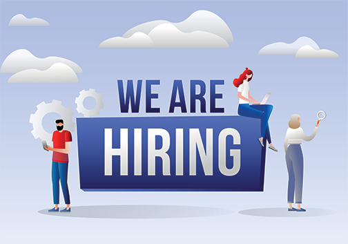 Illustration of three people around a large sign that says 'We Are Hiring' with clouds and gears in the background.