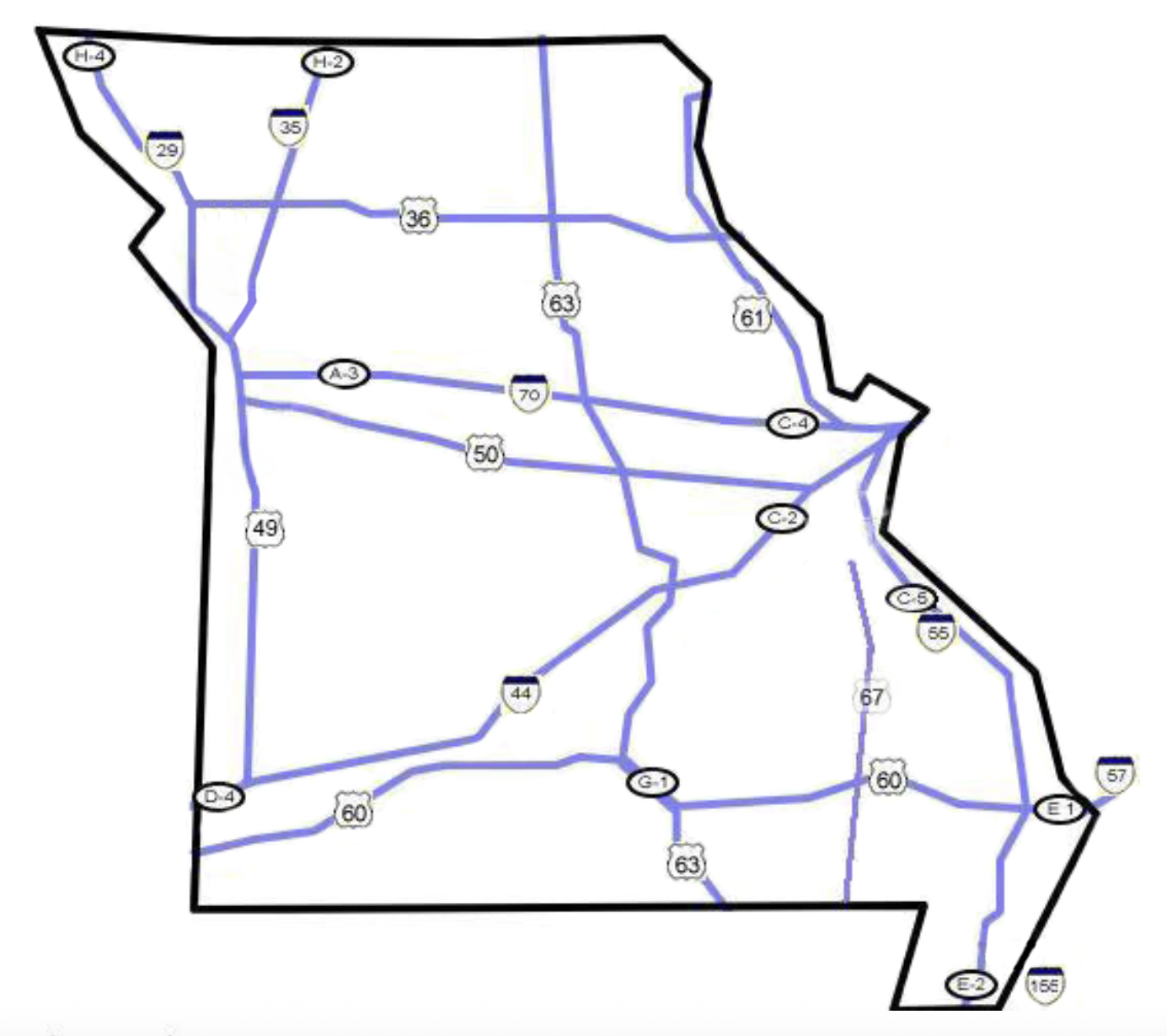 Map outline of a region with marked highways and route numbers including H-4, H-2, A-3, C-4, C-2, C-5, D-4, G-1, E-1, and E-2, connecting routes 29, 35, 36, 49, 50, 55, 57, 60, 63, 67, 70, 44, and 165.