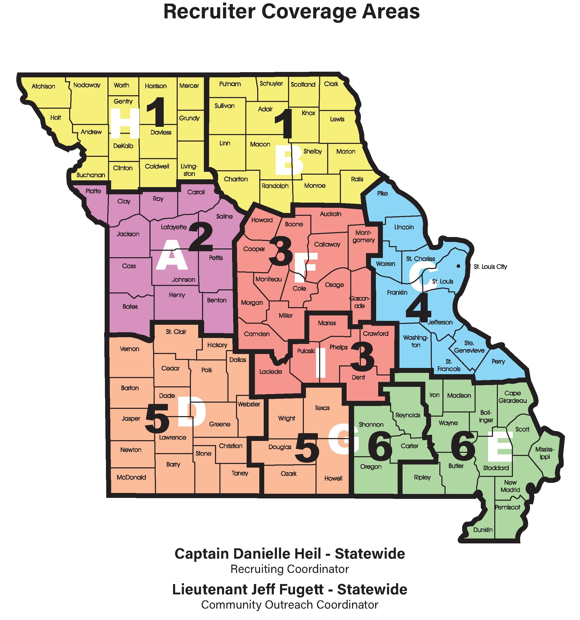 Map of Missouri divided by county into six recruiter coverage districts. The districts and their recruiters are listed below the map.