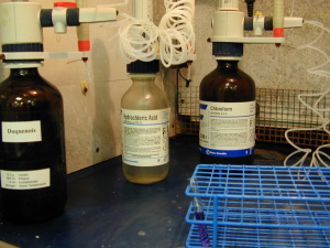 Reagent bottles used for the modified Duquenois-Levine color test.