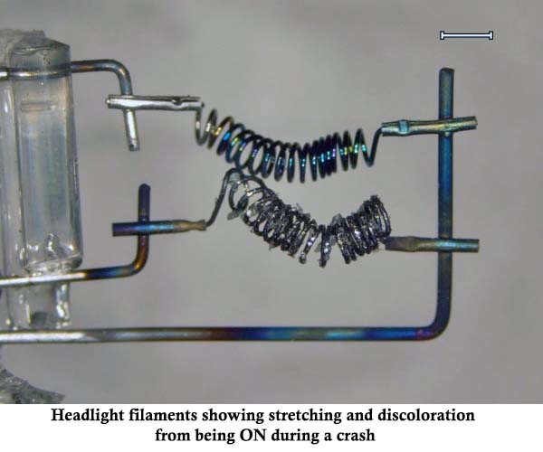 A vehicle lamp filament showing the effects of impact.