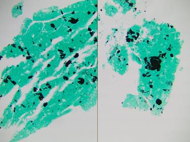Two similar green paint layers compared side by side.