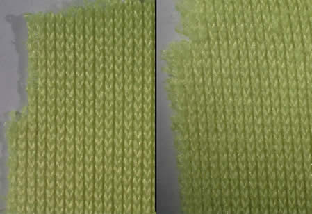Two knit fabric samples compared side by side.