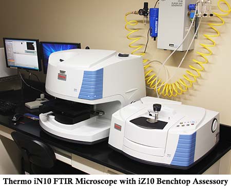 A Thermo iN10 FTIR microscope with iZ10 benchtop accessory.