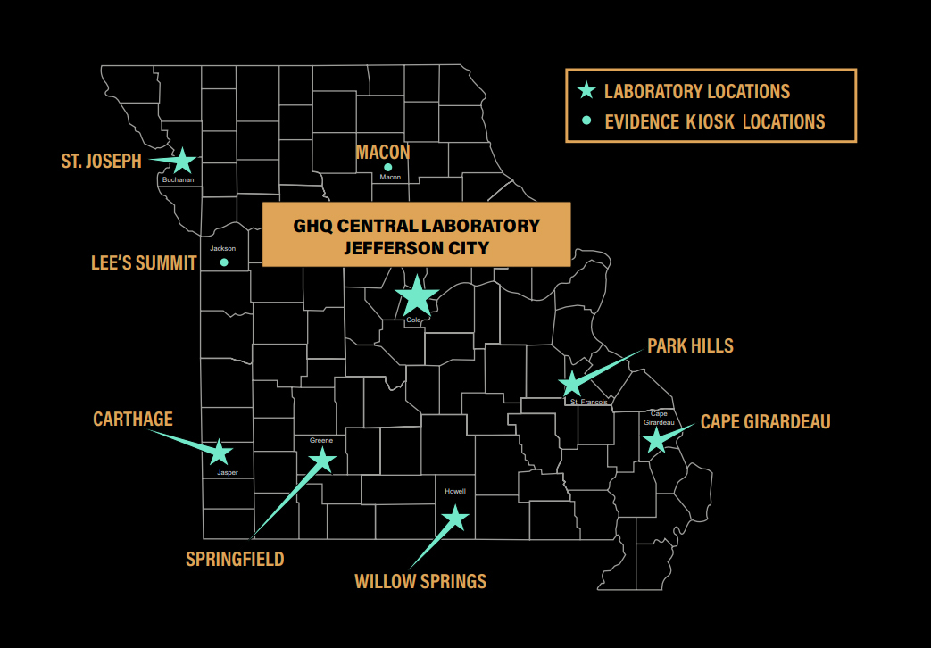 Map of Missouri showing the Crime Laboratory locations at Jefferson City, St. Joseph, Park Hills, Cape Girardeau, Willow Springs, Springfield and Carthage, and the evidence kiosks at Lee's Summit and Macon.