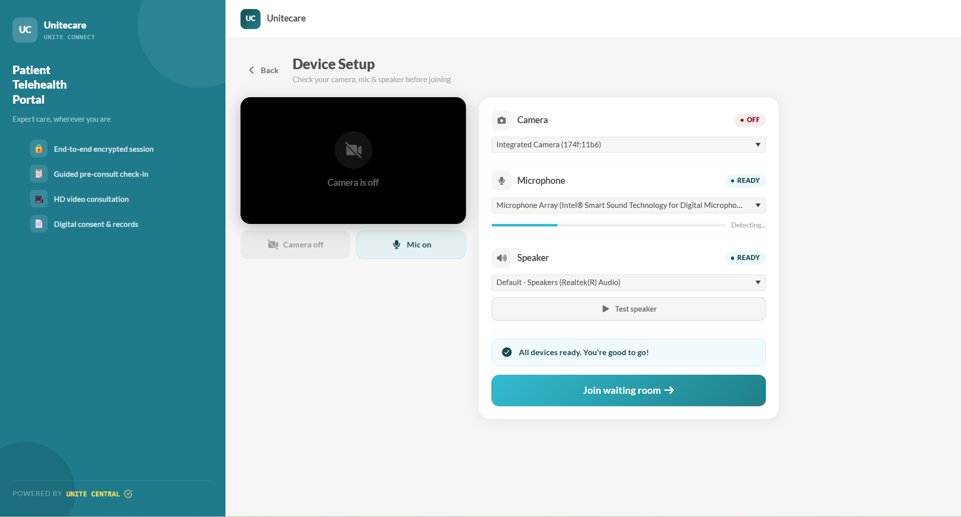 Device setup screen checking camera and microphone